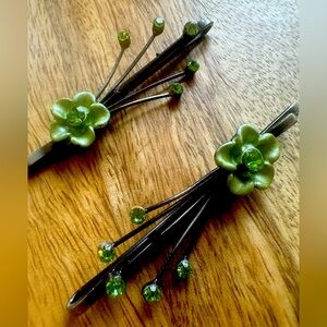 Vintage Green Floral Hair Pins with Crystal Accents